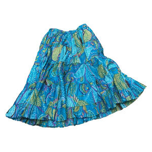 Raj Womens Blue Cotton Leaf‎ Print Elastic Waist Midi Skirt Boho One Size NWT